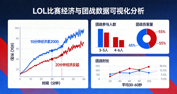 LOL比赛经济曲线与团战数据可视化分析图